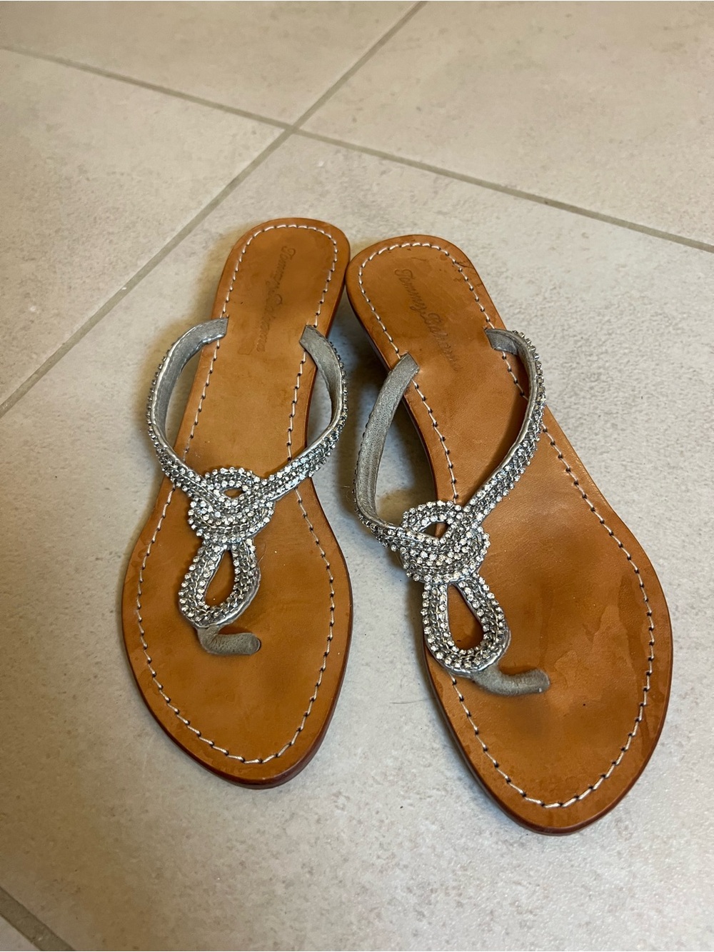 Tommy Bahama Silver Rhinestone Knot Toe-Post Sandals